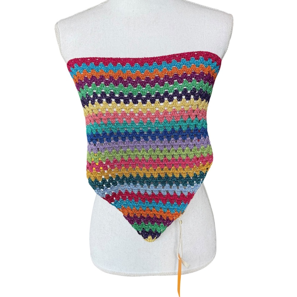 Rose Carmine Rainbow Crochet Lurex Bandeau Top Metallic Striped Tie Back NEW